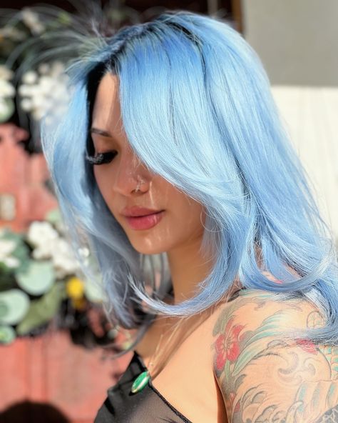 Blue Money Piece, Powder Blue Hair, Ice Blue Hair, Icy Blue Hair, Blue Money, Baby Blue Hair, Pastel Blue Hair, Cotton Candy Hair, Dyed Hair Blue