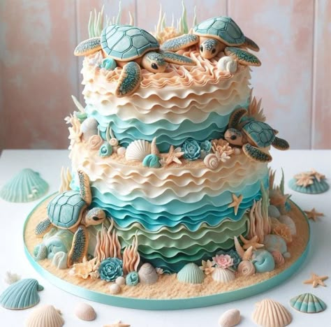 Sea Turtle Wedding Cake, Hawaiian Themed Birthday Cake, Cake Ideas Beach, Mermaid 6th Birthday Party, Turtle Cake Ideas, June Cake, Turtle Baby Shower Theme, Cool Cake Decorating, Beach Desserts