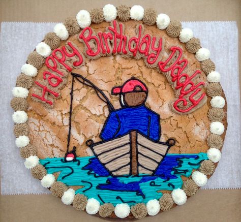 Fisherman peanut butter cookie cake Mens Cookie Cake, Fishing Cookie Cake, Fondant Fish, Bday Cookies, Giant Cookie Cake, Message Cookies, Llama Cake, Buttercream Cookies, Large Cookies