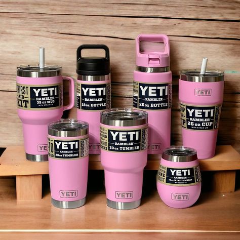 These Power Pink YETI Tumblers can be custom engraved. This color is available for a limited time and would be a great holiday gift! The 18oz bottle comes with the classic chug top cap and the 26oz bottles come with the color matched straw top. (Please reference the images for further cup style and size options) We love our craft and our customers! Thank you for supporting a small veteran owned business. Yeti Aesthetic, Pink Yeti Cup, Pink Yeti, Yeti Tumbler, Pink Cups, Cute Water Bottles, Yeti Rambler, Yeti Cup, Food Accessories