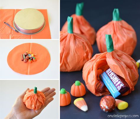 These tissue paper pumpkin favours are a great treat to send to school on Halloween or they make super cute party favours! Use them for any fall occasion! Snack Halloween, Pumpkin Favors, Dulces Halloween, Harvest Party, Pumpkin Treat, Pumpkin Party, Halloween Treat Bags, Pumpkin Candy, Halloween Party Favors