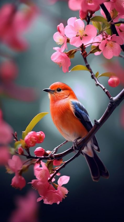 Nature flower bird outdoors. AI generated Image by rawpixel. | free image by rawpixel.com / Tanat Chittirungsan Birds And Blooms, Bird Images Pictures, Spring Images Nature, Birds Images Nature, Bird Holding Flower, Bird Reference Photos, Bird Wallpaper Iphone, Spring Iphone Wallpaper, Red Robin Bird