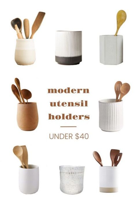 Modern utensil holder options to beautify your counter! Counter Utensil Holder, White Utensil Holder, Modern Utensil Holder, Countertop Utensil Holder Ideas, Kitchen Utensil Holder Ideas Countertops, Utinsel Holder Ideas Diy, Utinsel Holder Ideas, Utensil Holder Kitchen Countertops, Kitchen Utensil Holder Ideas