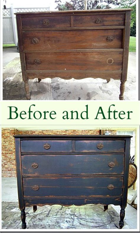 Before and After Furniture Makeover featuring a vintage vanity. The vanity is painted with Caromal Colours paint, distressed, toned, and waxed. The furniture makeover is one of my favorite. I love the black paint. Before And After Furniture Makeover, Before And After Furniture, Vintage Furniture Makeover, Painting Wooden Furniture, Shabby Chic Dresser, Distressed Furniture, Vintage Dressers, Furniture Finishes, Refurbished Furniture