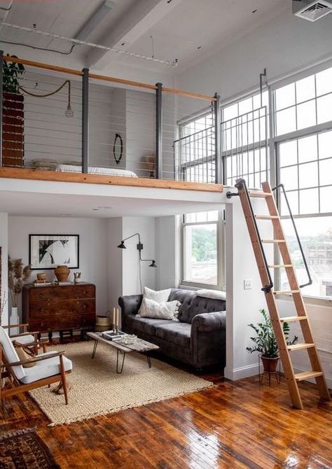 Before & After: A 600-square-foot studio is an example of furnishing a beautiful home on a small budget. #smallspaces #studioapartment #studiodecor #apartmentdecor #apartmentdecoratingideas Loft Studio Apartment, Design Casa Piccola, Lofted Bed, A Loft Bed, Tiny Office, Tiny House Interior Design, Tiny House Loft, House Loft, Interior Design Per La Casa