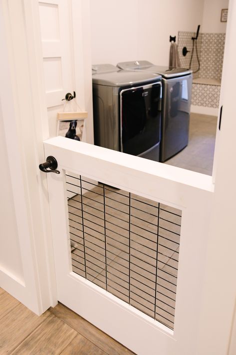 Gated Dog Area In House, Stacked Washer Dryer Laundry Room Dog Crate, Dog Room Door Ideas, Dog Dutch Door, Dog Room Basement Ideas, Dog Room Storage, Cat Laundry Room Ideas, Dutch Door Laundry Room, Dog Room In Closet