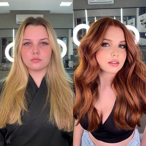 Blonde to Copper Fall Makeover Hair Colors Trending, Light Red Hair, Light Auburn Hair, Copper Blonde Hair, Amber Hair, Strawberry Blonde Hair Color, Subtle Balayage, Fall Hair Color Trends, Ginger Hair Color