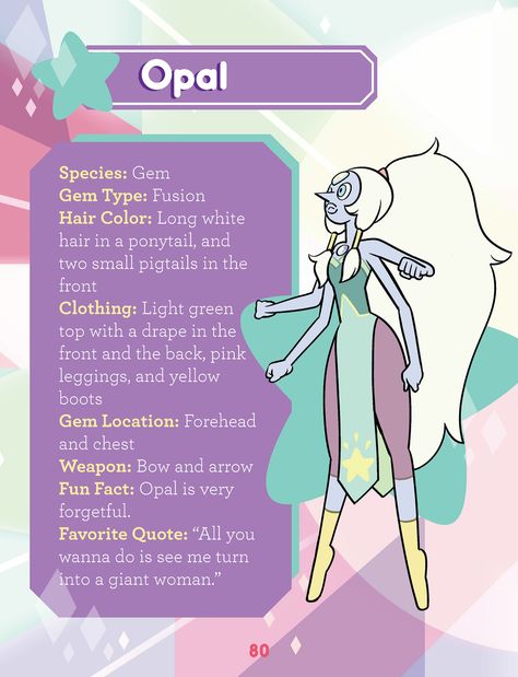 Opal's entry in "Guide to the Crystal Gems" Opal Su, Giant Woman, The Crystal Gems, Steven Universe Cosplay, Steven Universe Theories, Perla Steven Universe, Steven Universe Fusion, Pearl And Amethyst, Rebecca Sugar