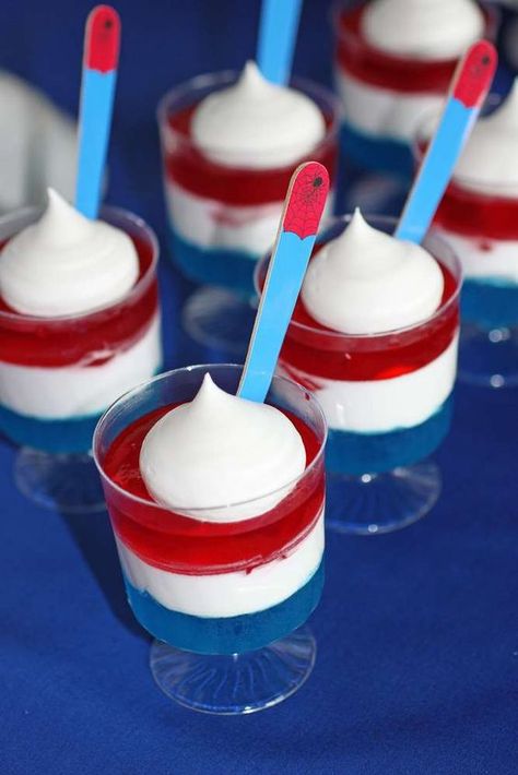 Red, white and blue jello at a Spiderman birthday party! See more party planning ideas at CatchMyParty.com! Spider Man Jello, Spider Man Dessert Ideas, Spider Man Snacks Parties Food, Spidey And His Amazing Friends Birthday Party Food Ideas, Spiderman Birthday Desserts, Spiderman Party Snacks, Spiderman Food Ideas Boy Birthday, Spiderman Fruit Tray, Spider Man Desserts