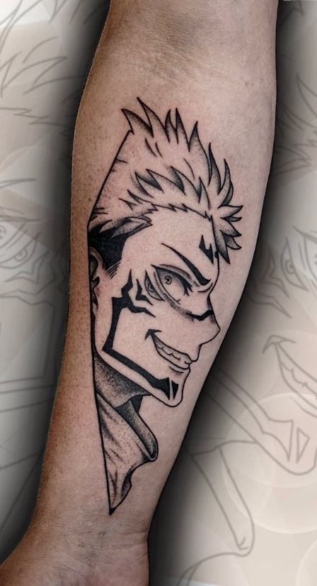 Anime Tattoos Forearm, All Anime Tattoo, Anime Tattoos Sukuna, Tattoo Sketches Anime, Anime Tattoos Arm, Sukuna Mouth Tattoo, Jujutsu Kaisen Sukuna Tattoo, Sukuna Tattoo Design, Jujutsu Kaisen Tattoo Design