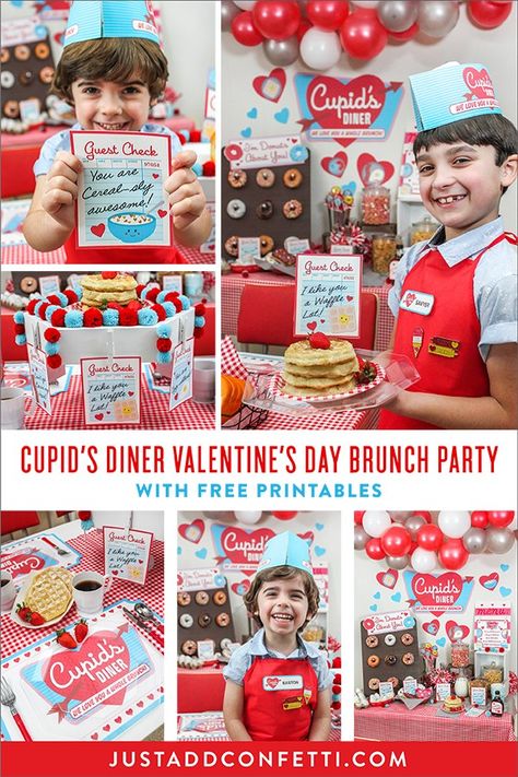 We love you a whole brunch! Welcome to Cupid's Diner! This Valentine's Day Family Brunch party is a waffle lot of fun! Full of red gingham, lots of hearts, a ton of FREE party printables, a plateful of puns, and retro diner inspired DIYs, this party will have your customers going donuts over the newest diner in town. #valentinesday #kidsvalentines #retro #diner #weloveyouawholebrunch #loveyouawafflelot #JustAddConfetti #retrodiner #dinerparty #partyblogger Fun Conversation Topics, Diner Menu, Diner Party, Family Brunch, Valentinstag Party, Retro Diner, Valentines Day Food, Valentines Food, Brunch Party