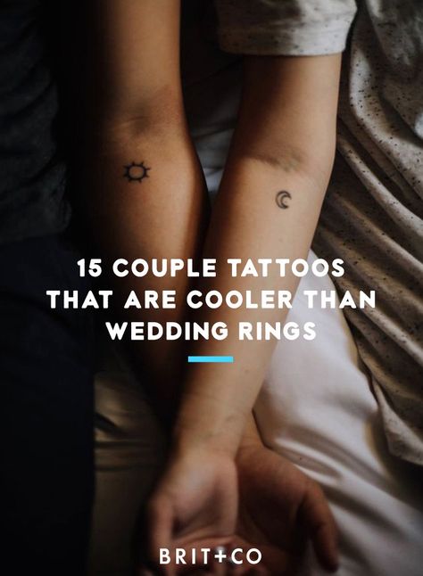 15 couple tattoo ideas that are cooler than wedding rings. Couple Tattoo Side Rib, Delicate Couple Tattoo, Tiny Couple Tattoos Unique, Unique Wedding Tattoos, Small Anniversary Tattoo Ideas, Couples Meaningful Tattoos, Small Wedding Tattoo Ideas, Joining Tattoos For Couples, 20th Anniversary Tattoo Ideas