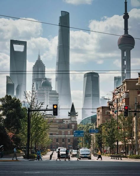 The Giants Of Pudong District Seen From The Streets Of Shanghai, China Shanghai Aesthetic, Computer Wallpaper Aesthetic, American Radiator Building, Aesthetic China, Warsaw University, Shanghai City, China City, Victorian Townhouse, New Orleans Homes