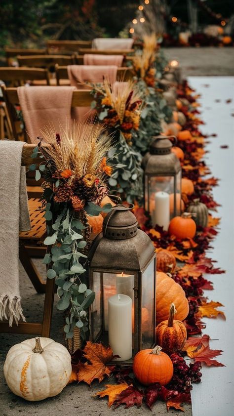 Fall Wedding Themes Ideas, Fall Renewal Wedding Ideas, Pumpkins In Wedding Decor, Fall Wedding Set Up, Fall Wedding Renewal Ideas, Halloween Wedding Table Settings, Simple Fall Centerpieces For Table Diy, Fall Halloween Wedding Ideas, Fall Pumpkin Wedding Decor