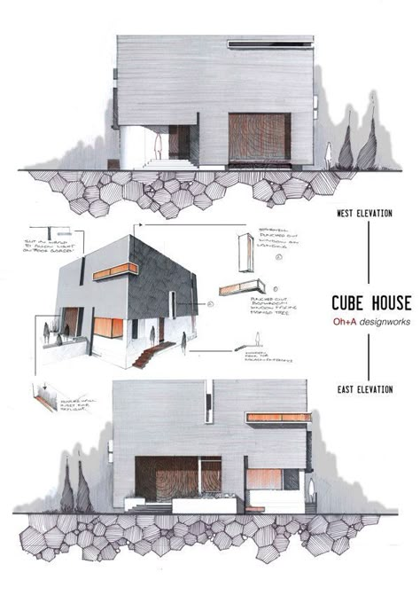 Elevation: In architecture and drawing, a scale drawing of the side, front and rear of a structure. A geometric projection of a building on a plane perpendicular to the horizontal; a vertical projection.: College Architecture, Architecture Elevation, Architecture Presentation Board, Scale Drawing, Piper Mclean, Architectural Sketches, Architectural Presentation, Architecture Design Sketch, Architecture Concept Drawings