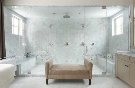 Large luxury shower with bianco gioia marble Unique Bathroom Design, Bathroom Remodel Cost, Walk In Shower Designs, Best Bathroom Designs, Bad Inspiration, Luxury Shower, Bathroom Top, Unique Bathroom, Bathroom Trends