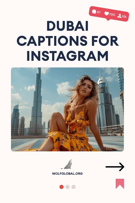 Promotional graphic for "Dubai Captions for Instagram" with a woman in a yellow dress and cityscape.
List of travel highlights and experiences in Dubai with a "Get More" button and website link.
A woman with a laptop, surrounded by social media icons, advertising Instagram engagement services. Dubai Captions For Instagram, Dubai Quotes, Dubai Instagram, Dubai Photoshoot, Dubai Frame, Captions For Instagram Posts, City Of Gold, Beach Captions, Dubai Beach