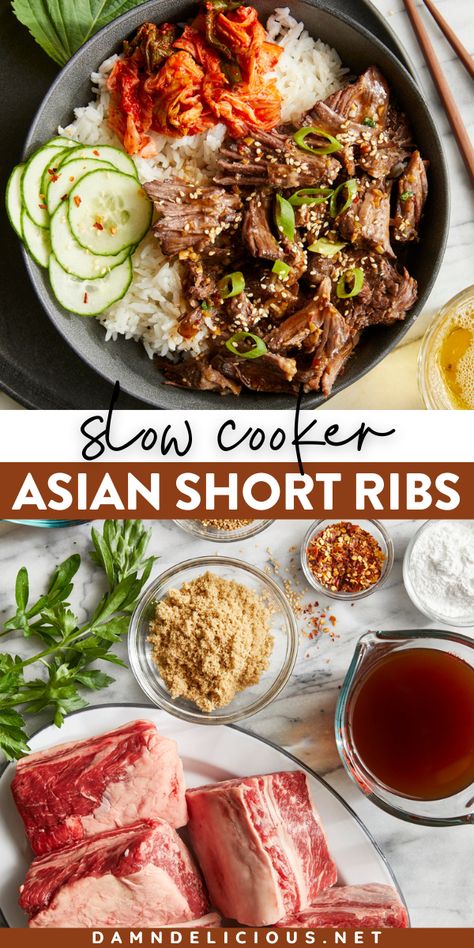 This main dish for dinner is a crockpot recipe using beef short ribs! Not only are these Slow Cooker Asian Short Ribs fall-off-the-bone tender, but they also taste so good. Give this simple dinner idea a try! Beef Short Ribs Crock Pot Asian, Slow Cooker Asian Ribs, Crock Pot Vietnamese Recipes, Asian Pork Ribs Slow Cooker, Boneless Beef Ribs Crockpot Slow Cooker, Korean Bbq Crockpot Recipes, Healthy Short Ribs Recipe Crockpot, Slow Cooker Pork Short Ribs, Country Style Short Ribs Slow Cooker