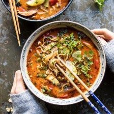 30 Minute Thai Peanut Chicken Ramen - Half Baked Harvest Thai Peanut Chicken Ramen, Peanut Chicken Ramen, Miso Ramen Soup, Peanut Ramen, Crispy Mushrooms, Mushroom Ramen, Thai Peanut Chicken, King Oyster, Miso Ramen