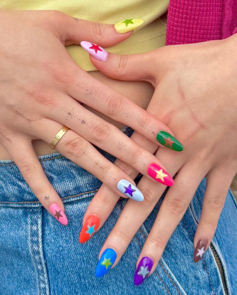 It’s a funky nails & freckles kinda day ⭐️🍭🍓 Colorful Summer Nail Designs, Colourful Nails For Summer, Cute Funky Nails Almond, Colorful Star Nails, Dopamine Nails, Funky Acrylic Nails, Multi Coloured Nails, Multi Color Nails, Multi Colored Nails