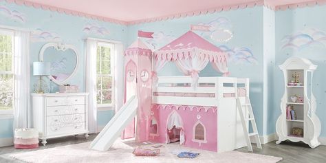 Kids Bunk Bed Bedroom Sets Princess Loft Bed, Elevated Bed Frame, Princess Bunk Beds, Boys Loft Beds, Princess Furniture, White Loft Bed, Disney Princess Collection, Pink Tent, Castle Bed