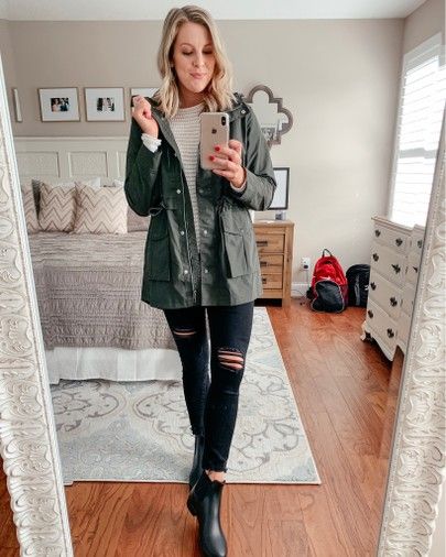 Olive Jacket | Rain Jacket | Black Jeans | rainy day look | black rain boots | Chelsea rain boots | rainy day outfit Rain Day Outfits, Rainy Outfit, Rain Boot Outfit, Olive Boots, Rainy Day Outfit For Work, Rain Outfit, Rainy Day Fashion, Look Legging, Olive Jacket