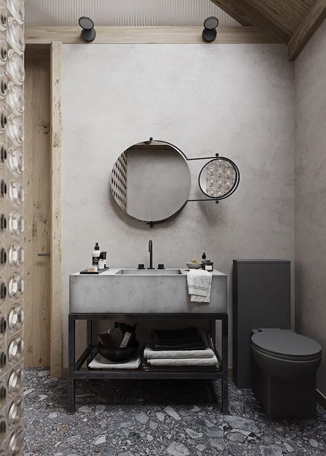 concrete bathroom farmhouse sink Contemporary Small House, Wabi Sabi Bathroom, Terrazzo Floor Tiles, Industrial Chic Interior, Interior Design Examples, Wabi Sabi Interior, Minimal Interior Design, Open Plan Living Room, Terrazzo Flooring