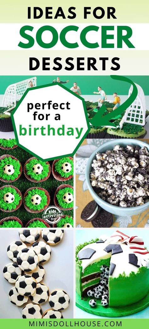 Soccer Themed Snacks and ideas for Soccer Desserts! Game Winning Soccer Desserts.  Need some inspiration for your soccer party menu? Create a unique dessert table for your little futbol fans with these soccer desserts and soccer treat ideas. There are tons of super cute and creative soccer themed treats you can make to score big at your birthday party! #soccer #birthday #boyparty #boys #partyideas #soccerparty #futbol Soccer Themed Food Ideas, Soccer Party Desserts, Soccer Desserts Ideas, Soccer Desserts, Soccer Birthday Cakes Boy, Soccer Themed Snacks, Soccer Cupcake Cake, Soccer Cake Ideas, Soccer Cakes