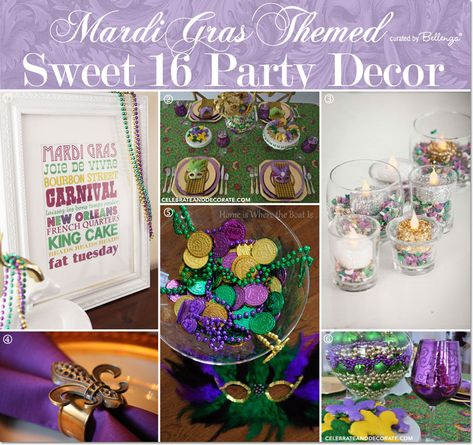 Mardi Gras Sweet 16 Decor // Curated by Bellenza.  #mardigras Themed Sweet 16 Party Ideas, Masquerade Themed Party, Sweet 16 Party Dress, Ideas For Bachelorette Party, Mardi Gras Party Decorations, Sweet 16 Party Invitations, Mardi Gras Ideas, Party Favors Bachelorette, Sweet 16 Themes