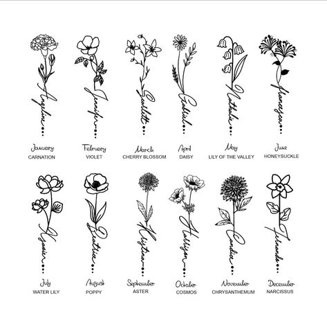 Wild Flower Birth Month Tattoo, Birth Wildflower Tattoo, Outline Simple Tattoo, Herbs By Birth Month, Birth Flower And Date Tattoo, August Flower Tattoo With Name, Birth Month Flower Gift Ideas, February Flower Tattoo With Name, North Month Flower Tattoo