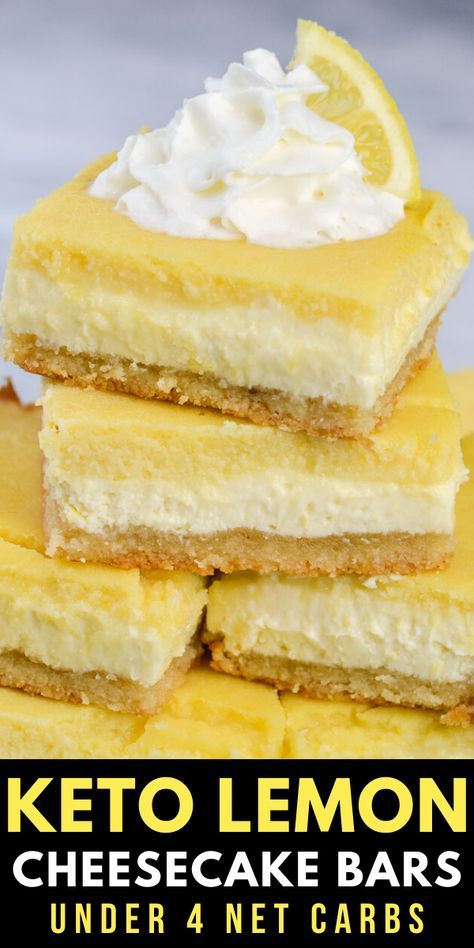 You will love these Keto Lemon Cheesecake Bars! With three layers including a sweet shortbread crust, lemon cheesecake and a smooth lemon bar layer these are the ultimate low carb citrus dessert! #keto #lemon #cheesecake Keto Recipes Baking, Keto Lemon Cheesecake Bars All Day I Dream About Food, Keto Lemon Cream Cheese Bars, Keto Lemon Recipes Low Carb, Keto Desserts For Easter, Keto Ellen Recipes, Keto Recipes With Macros, Keto Potluck Dessert, Low Carbing Amongst Friends