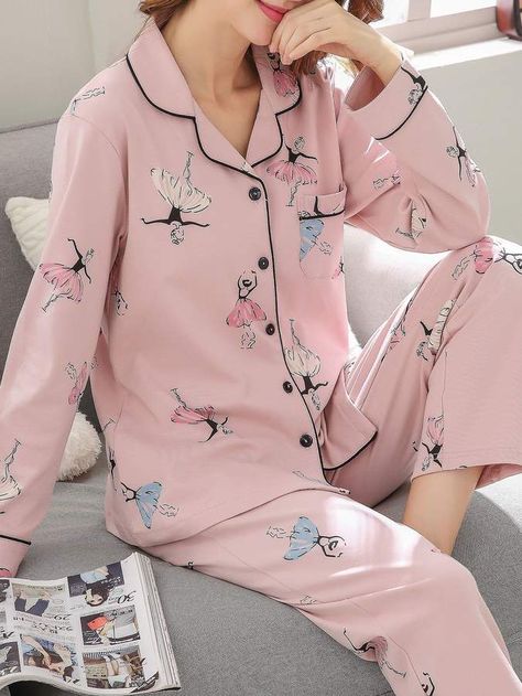 Shein Ballet Girl Print Button Up Pajama Set Night Suits Pajama Set, Girls Night Dress, Night Suit For Women, Pijamas Women, Button Up Pajamas, Ballet Girl, Frock Style, Pajama Outfits, Night Dress For Women