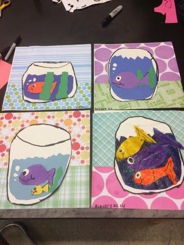 2nd Grade artists are learning about the art of Henri Matisse. They learned that he loved color and that at the end of his life, he lov... Fish Bowl Art, Fish Collage, Grade 1 Art, Adaptive Art, First Grade Art, Elementary School Art, Fish Bowls, Kindergarten Art Projects, 2nd Grade Art