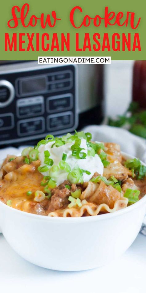 Crock Pot Mexican Lasagna Recipe has layers of delicious cheese, refried beans, beef and more for the best dinner. Easy weeknight dinner with simple ingredients. Try this easy Mexican lasagna for the next Mexican Monday or any night of the week. Perfect for a weeknight meal or feeding a crowd. #eatingonadime #crockpotlasagna #mexicanlasagna Lasagna Recipe Crock Pot, Crockpot Mexican Lasagna, Easy Mexican Lasagna, Crock Pot Mexican, White Cheese Dip Recipe, Mexican Lasagna Recipe, Beef Burrito Recipe, Mexican Lasagna Recipes, Crockpot Chicken Enchiladas