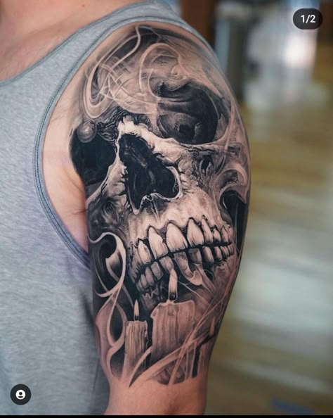 Black And Gray Sleeve Tattoos For Men, Skull On Shoulder Tattoo, Cover Up Shoulder Tattoo Men, Skull Tattoos Shoulder, Skull Shoulder Tattoo Men, Skull Jaw Tattoo, Josie Name, Skull Shoulder Tattoo, Black And Grey Sleeve