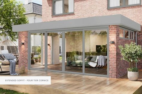 Flat Roof Extensions | Ultraframe Conservatories Flat Roof Conservatory, Rear Extension Ideas, Orangery Roof, Veranda Ideas, Flat Roof Systems, Small House Extensions, Flat Roof Design, Flat Roof Extension, Home Extensions