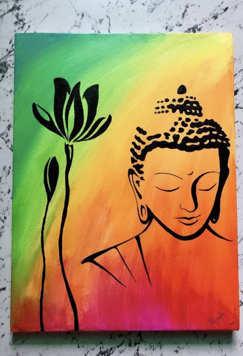 Budha Rangoli Designs, Canvas Painting Ideas Buddha, Buddha Acrylic Painting Easy, Easy Unique Painting Ideas, Simple Buddha Painting, Buddha Painting Simple, Painting For Competition, Buddha Rangoli, Stencil Art Ideas