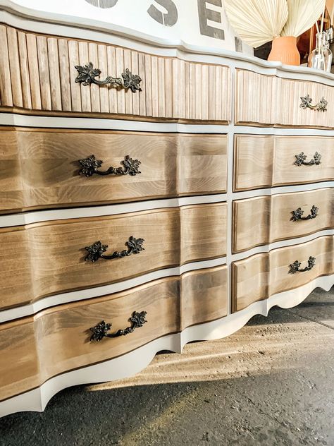 Refinished French Provincial Dresser with Fluted Wood Detail - After French Provincial Furniture Makeover, Paint Dresser Diy, Refinished Dresser Diy, Dresser Remodel, French Provincial Dresser Makeover, Antique Furniture Makeover, French Provincial Decor, Fluted Wood, Furniture Makeover Inspiration