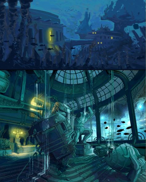 Atlantis Concept Art, Shock Art, Pirate Illustration, Bioshock Rapture, Bioshock Art, Planet Coaster, Underwater City, Underwater Art, Leagues Under The Sea