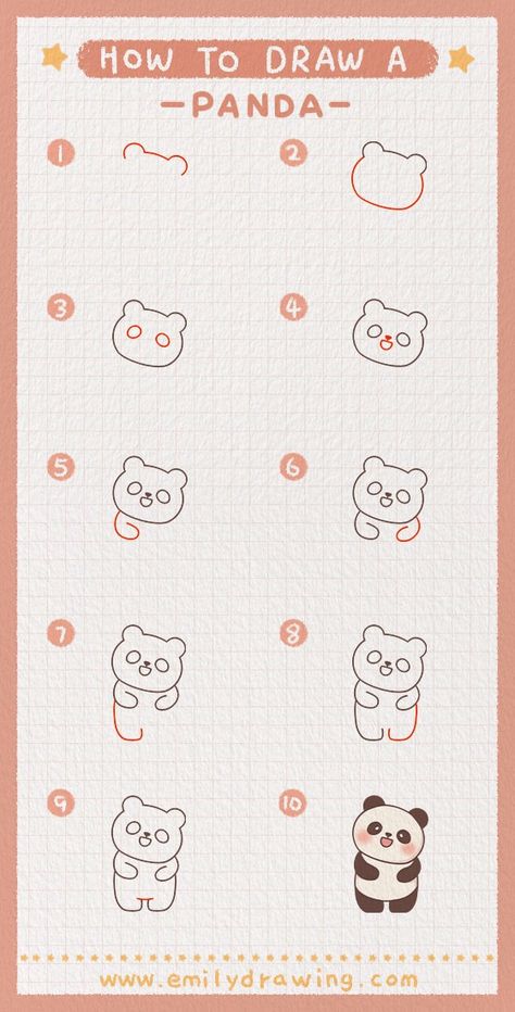 Cute Things To Draw Easy Doodles Step By Step, How To Make Coloring Pages, How To Draw A Cute Panda, Kawaii Doodles Step By Step, How To Draw Kawaii Step By Step, Kawaii Drawing Tutorial, How To Draw Kawaii Animals, Panda Doodle Art, How To Draw A Panda