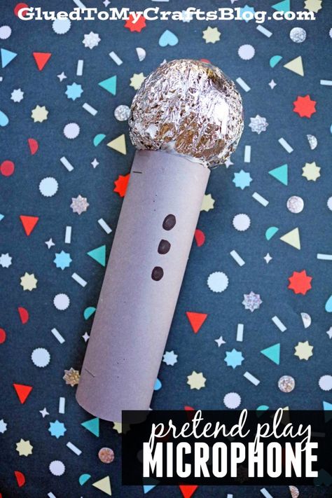 Microphone Craft Preschool, Make A Microphone Craft, Toilet Paper Roll Microphone, Music Day Crafts For Kids, Diy Microphone Craft, Lights Camera Action Crafts, Lights Camera Action Theme Crafts, Microphone Craft For Kids, Homemade Microphone