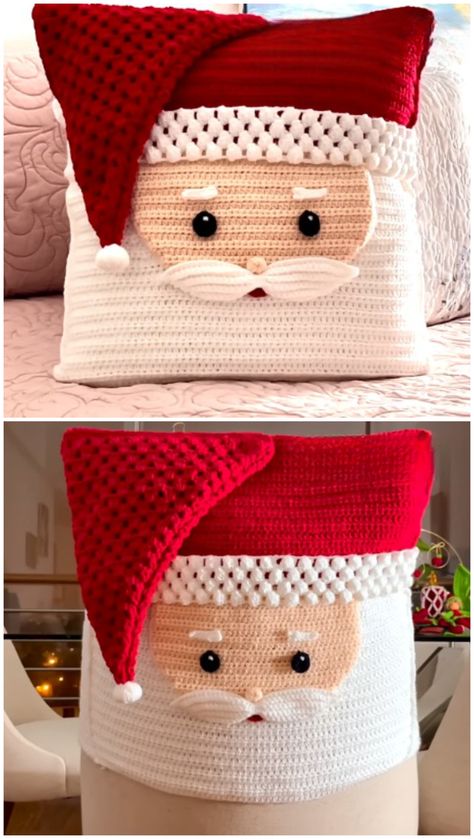 Christmas Pillows To Make Crochet, Diy Christmas Pillows Ideas, Christmas Crochet Pillows Free Patterns, Crochet Christmas Chair Covers, Christmas Pillows Crochet, Santa Crochet, Crochet Santa Claus, Crochet Ideas For Christmas, Christmas Crochet Pillow