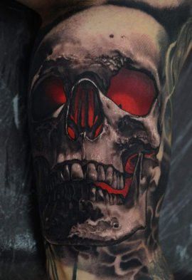 Glowing Skull Tattoo, Skull With Fangs Tattoo, Red Skull Tattoo, Evil Skull Tattoo, Evil Skull, Thigh Tat, Rose Tattoo Sleeve, Favorite Tattoos, Rose Sleeve