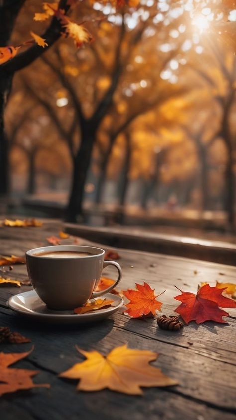 Fall Coffee Wallpaper, Fall Coffee Aesthetic, Coffee Aesthetic Wallpaper, September Photography, Diy Leaves, Cute Fall Wallpaper, Autumn Magic, Autumn Scenes, Autumn Scenery