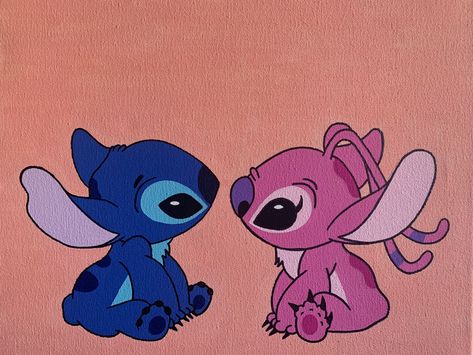 Anaversery Painting Ideas, Stitch And Angel Canvas Painting, Stitch Couple Painting, Couple Painting Cartoon, Stitch And Angel Painting, Painting For Boyfriend Canvases, Canvas Painting Ideas For Boyfriend, Paintings For Boyfriends