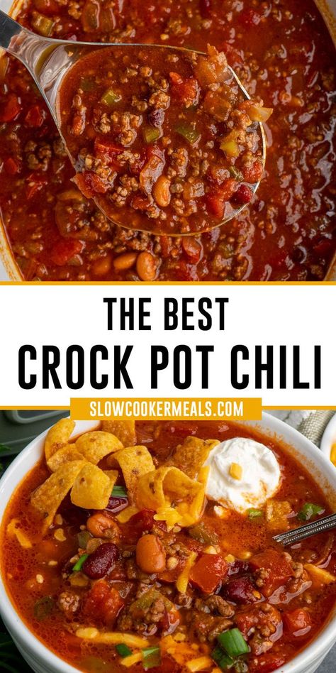 Close up of the best Crock Pot chili in a bowl and in a slow cooker. Brown Sugar Chili Recipe, Recipes Using Stew Beef, Slow Cooker Beef Chili Recipe, Recipes For Chili, Easy Chili Recipe Crockpot, Crock Pot Chili, Soup Bar, Slow Cooker Chili Recipe, Flavorful Dinner