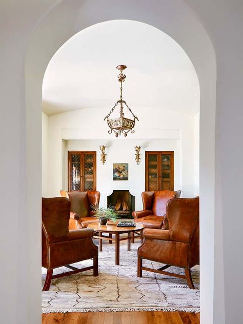 Spanish Revival Dining Room, Spanish Revival Living Room, Spanish Sofa, Cognac Sofa, Spanish Revival Interior, Mission Revival, Spanish Home Interior, Mediterranean Living Rooms, Spanish Interior