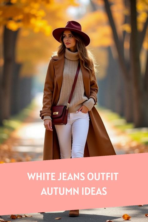 White Jeans Outfit Autumn Ideas Autumn Outfit White Jeans, Cream Jeans Autumn Outfit, Fall Outfit With White Pants, Style White Jeans Winter, White Wide Leg Jeans Outfit Fall, White Denim Fall Outfit, White Jeans Outfit Fall 2024, White Pants In Fall Outfit, Off White Jeans Outfit Women