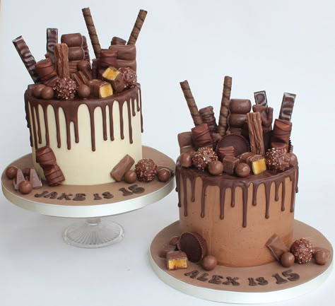 chocolate overload cakes | For twin 15 year olds who love ch… | Flickr Chocolate Frosted Birthday Cake, Cake Decorated With Chocolates, Chocolate Overload Cake Birthdays, Chocolate Buttercream Birthday Cake, Cake Designs With Chocolate, Chocolate Themed Birthday Cake, Chocolate Bar Birthday Cake, Chocolate Loaded Cake Decoration, Loaded Chocolate Cake