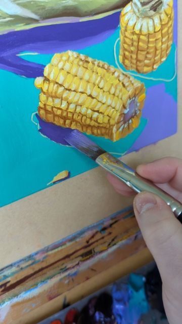 🌈 Lily-Rose Burgess • Colourful Still Life Oil Paintings ✨ on Instagram: "It's Corn! 🤣 Absolutely love this audio - I've been singing it around the house for a straight week, and I knew when I heard it I would have to use it. So, naturally, I painted corn! I actually do love corn, it's delicious, so I see where the kid is getting his ideas about it from 😂😂 This lil cutie is available for purchase on my website! The link is in my bio ♥️♥️ ------------------------------------------------------ Painting With Corn Syrup, Corn Syrup Painting Kids, Corn Field Painting Acrylic, Colourful Still Life, Corn On The Cob Painting, Corn On The Cob Illustration, Oil Painting Background, Canvas Art Projects, Daily Painters